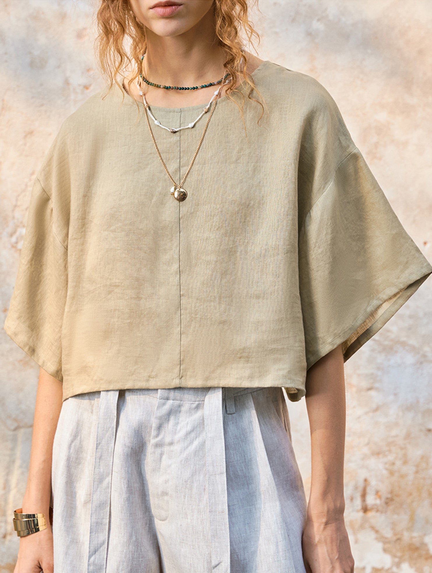 Linen Crewneck Short Sleeve Tee_CWTTS00924