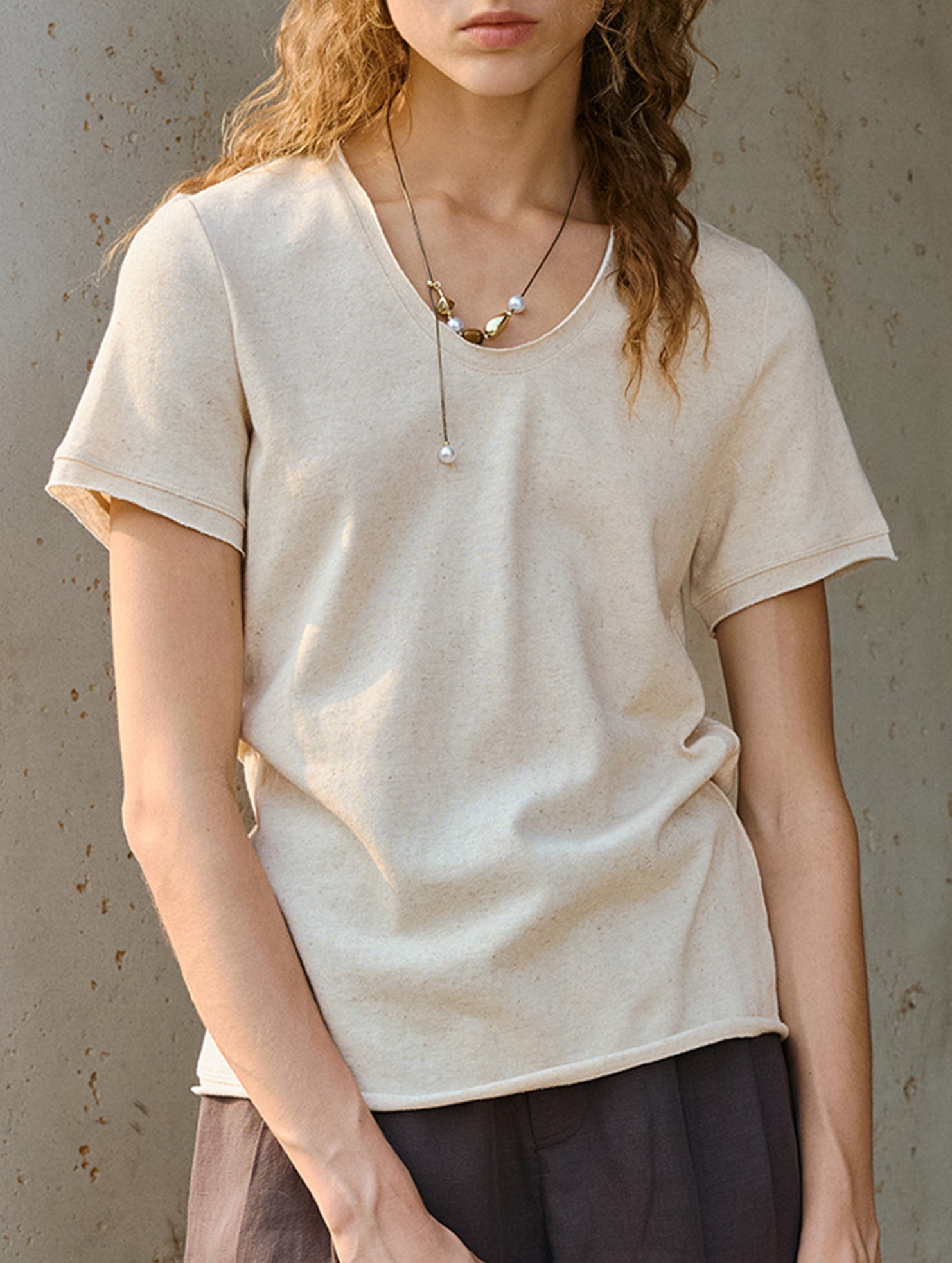 Linen Blend V Neck Knit Tee_CWTTS00927