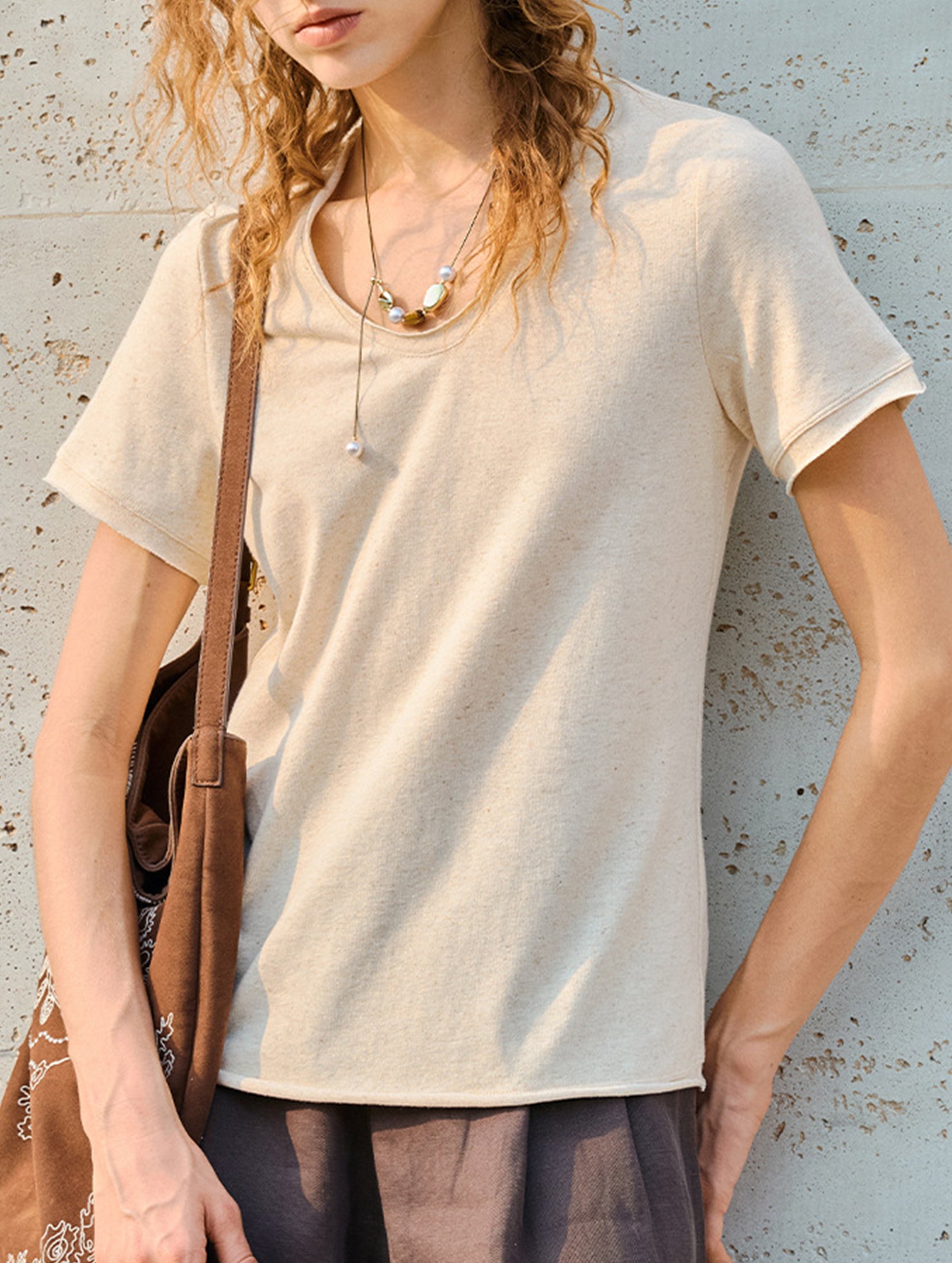 Linen Blend V Neck Knit Tee_CWTTS00927