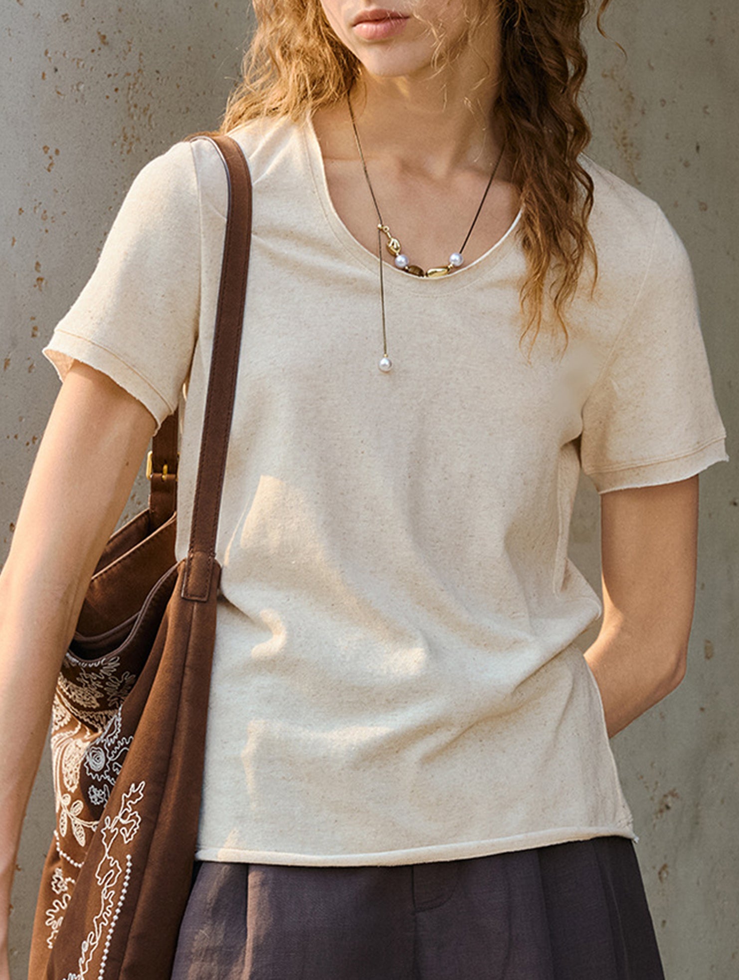 Linen Blend V Neck Knit Tee_CWTTS00927