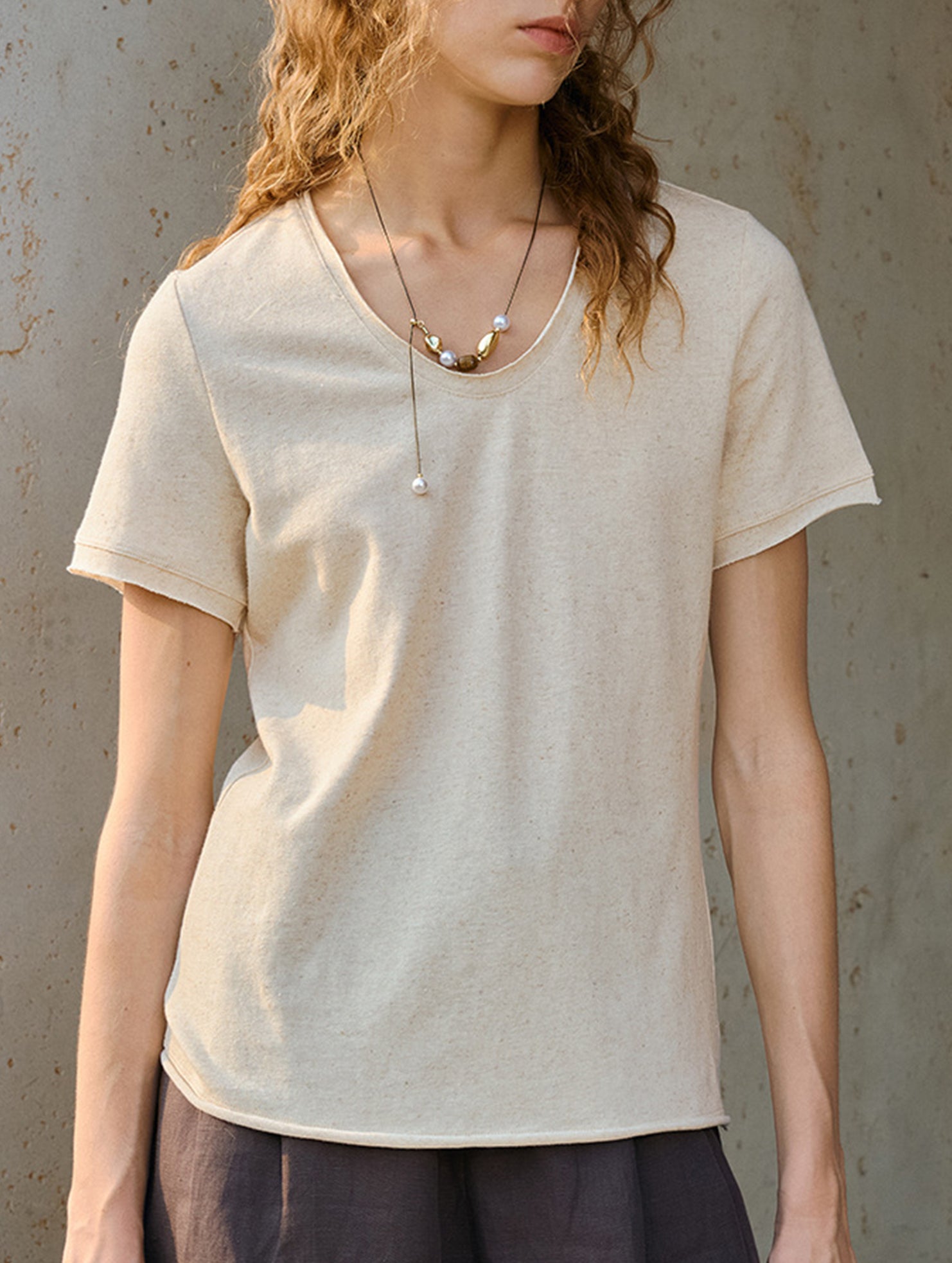 Linen Blend V Neck Knit Tee_CWTTS00927