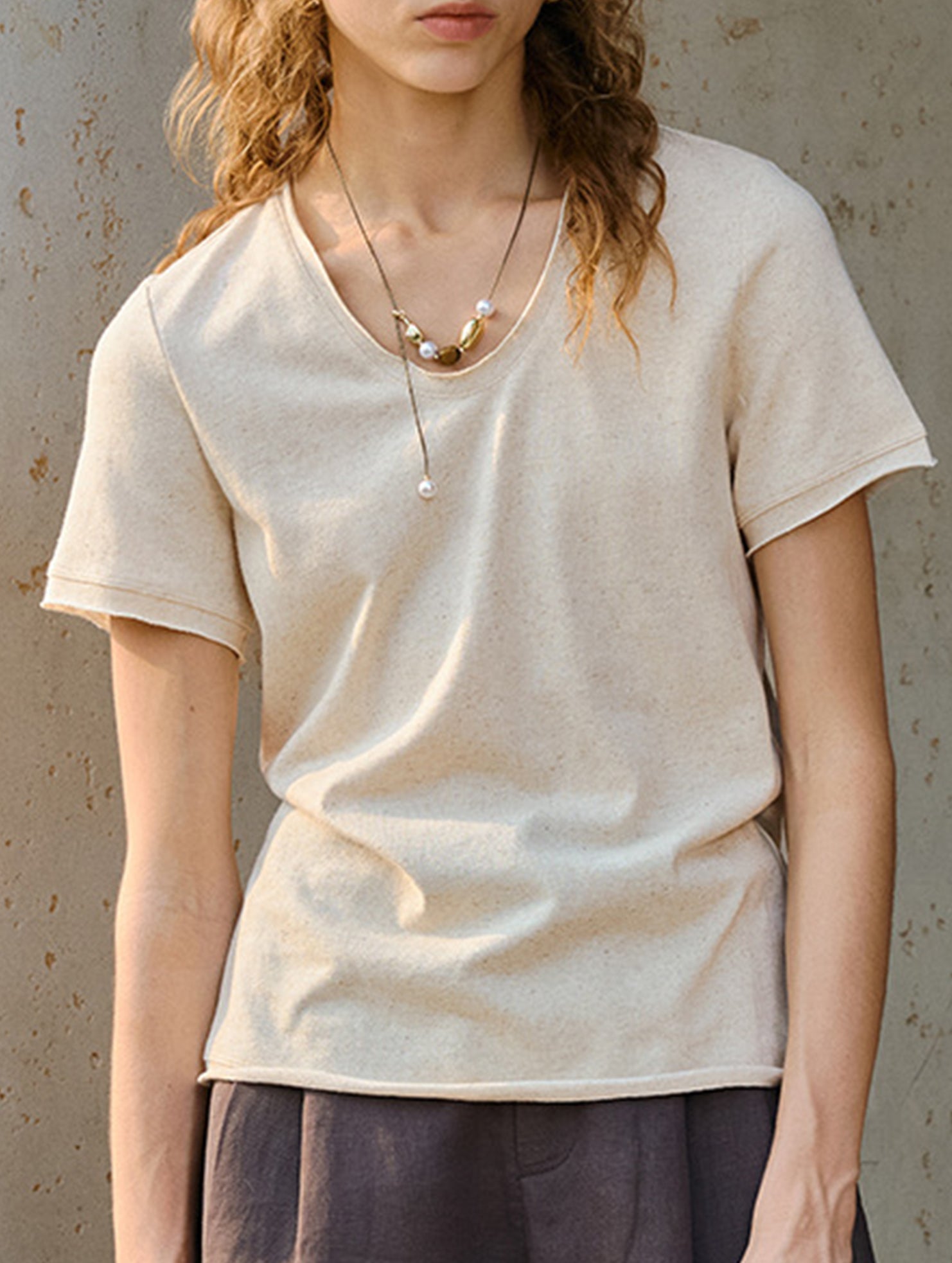 Linen Blend V Neck Knit Tee_CWTTS00927