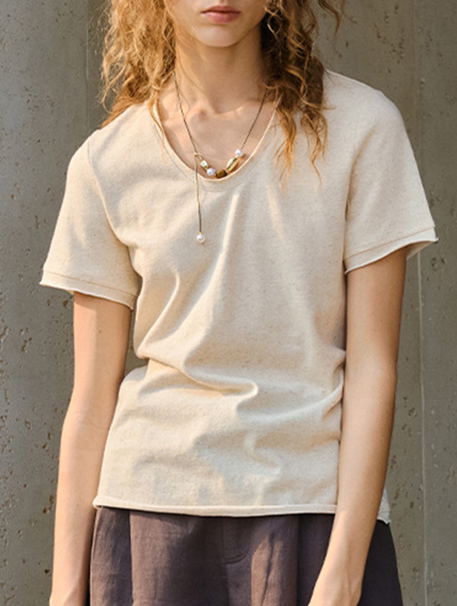 Linen Blend V Neck Knit Tee_CWTTS00927