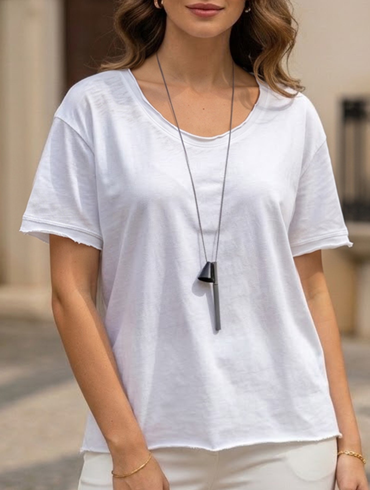 Linen Blend V Neck Knit Tee_CWTTS00927