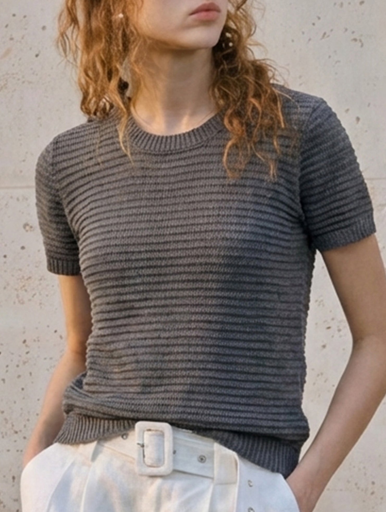 Linen Blend Knit Short Sleeve Tee_CWTTS00928