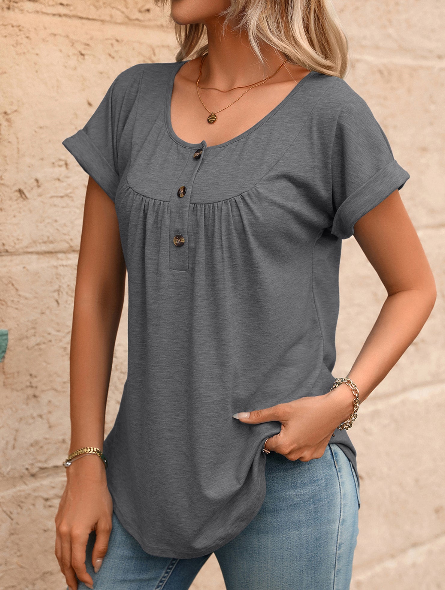 Crewneck Button Loose Tee_CWTTS00942