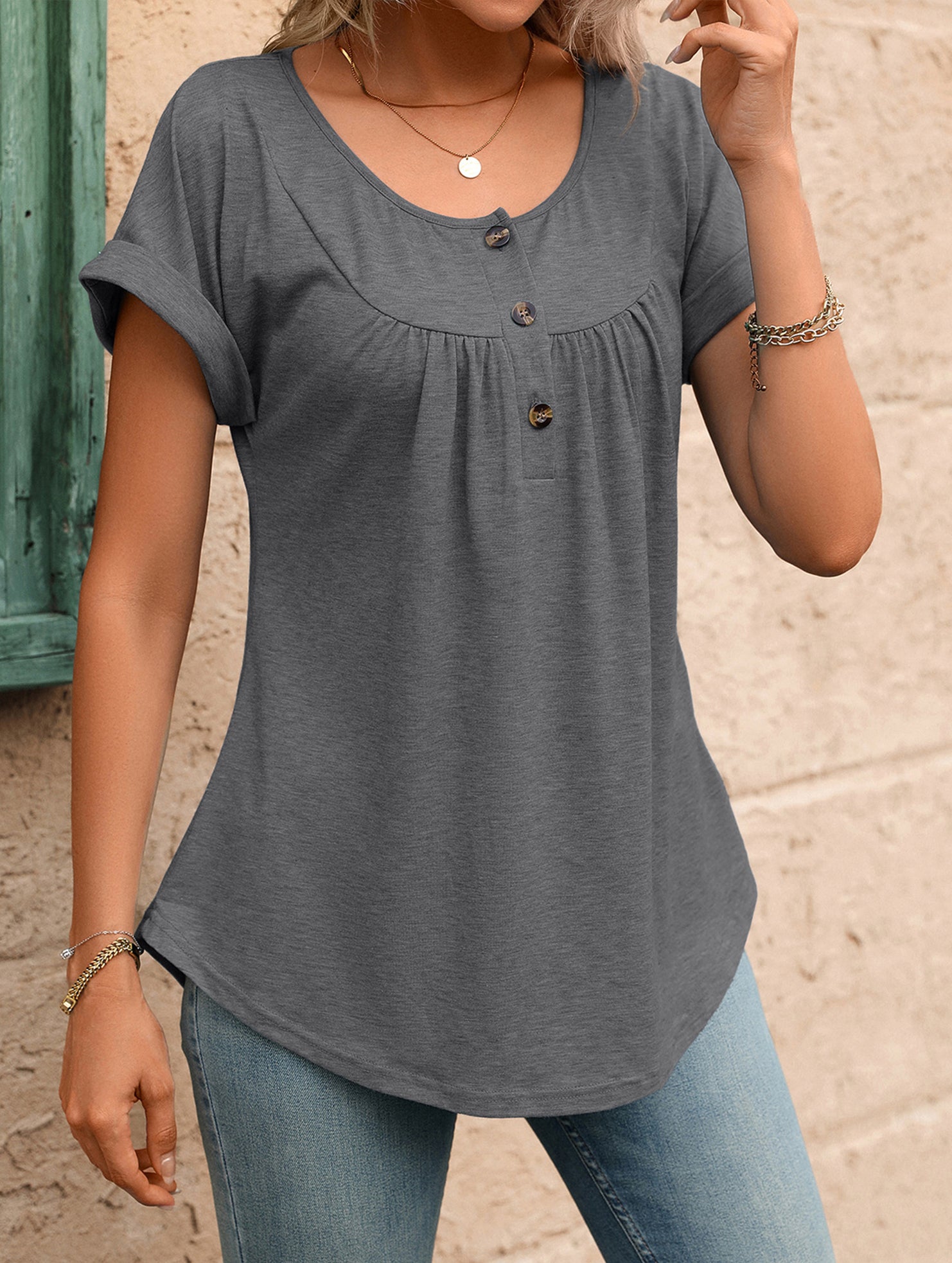 Crewneck Button Loose Tee_CWTTS00942