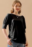 CREW NECK PUFF SLEEVE TUNIC TOP - Doublju