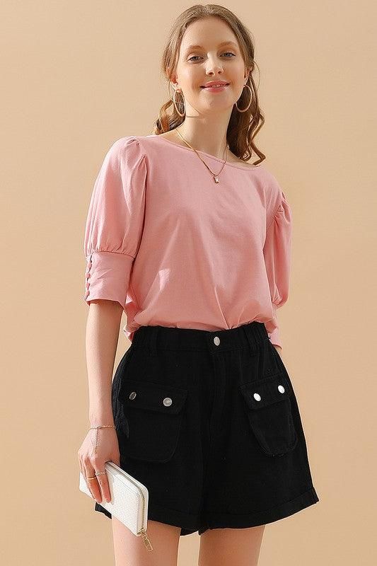 CREW NECK PUFF SLEEVE TUNIC TOP - Doublju