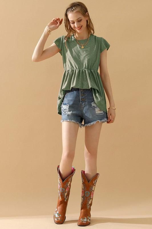 RUFFLED ELASTIC WAIST PUNCHING LACE TEE - Doublju