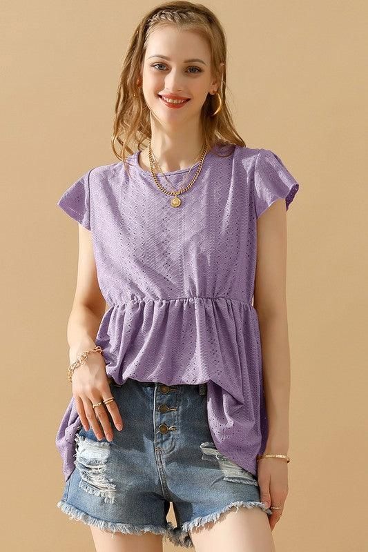 RUFFLED ELASTIC WAIST PUNCHING LACE TEE - Doublju
