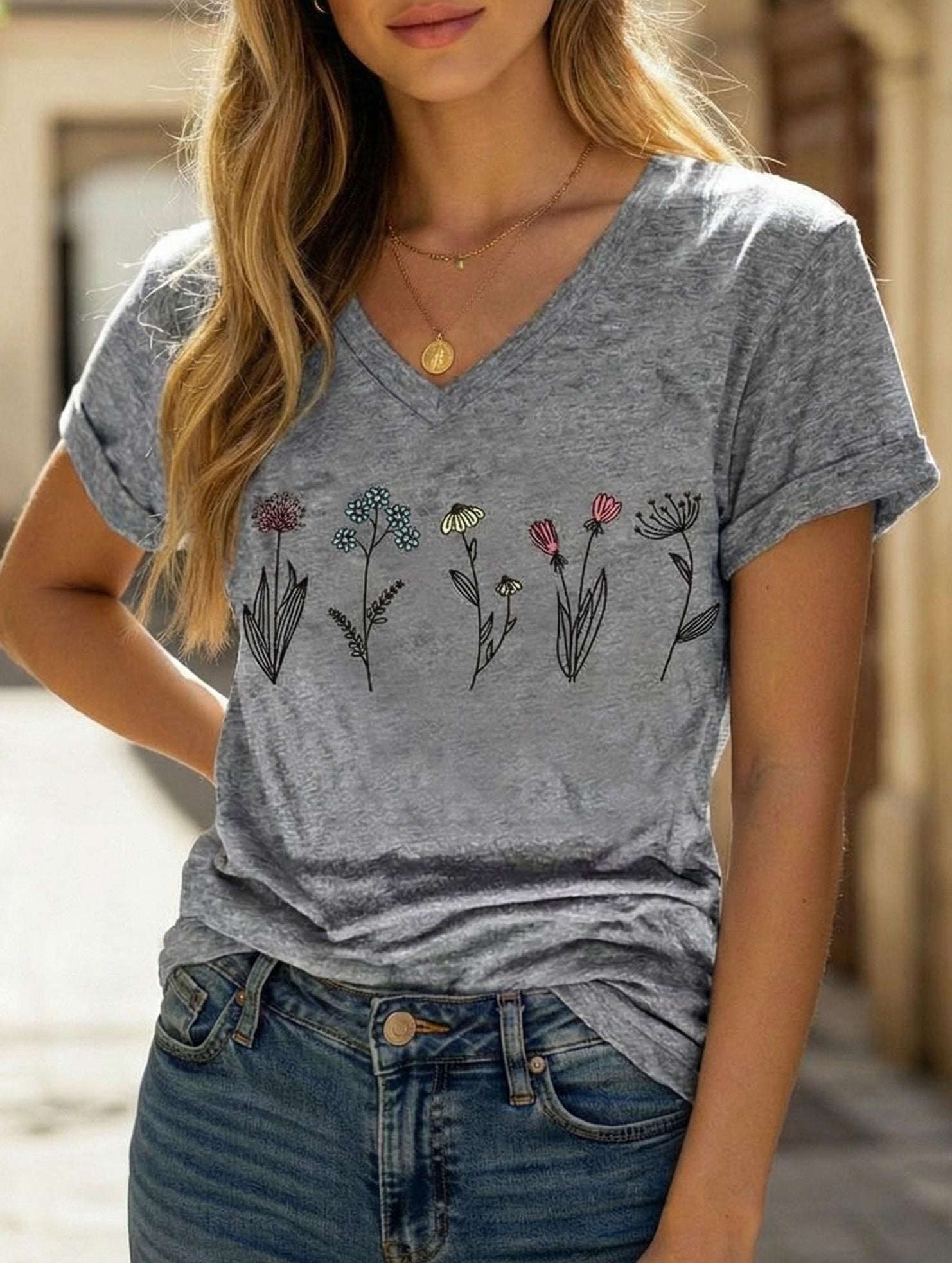 Street Style printed V-neck short sleeves T-shirt