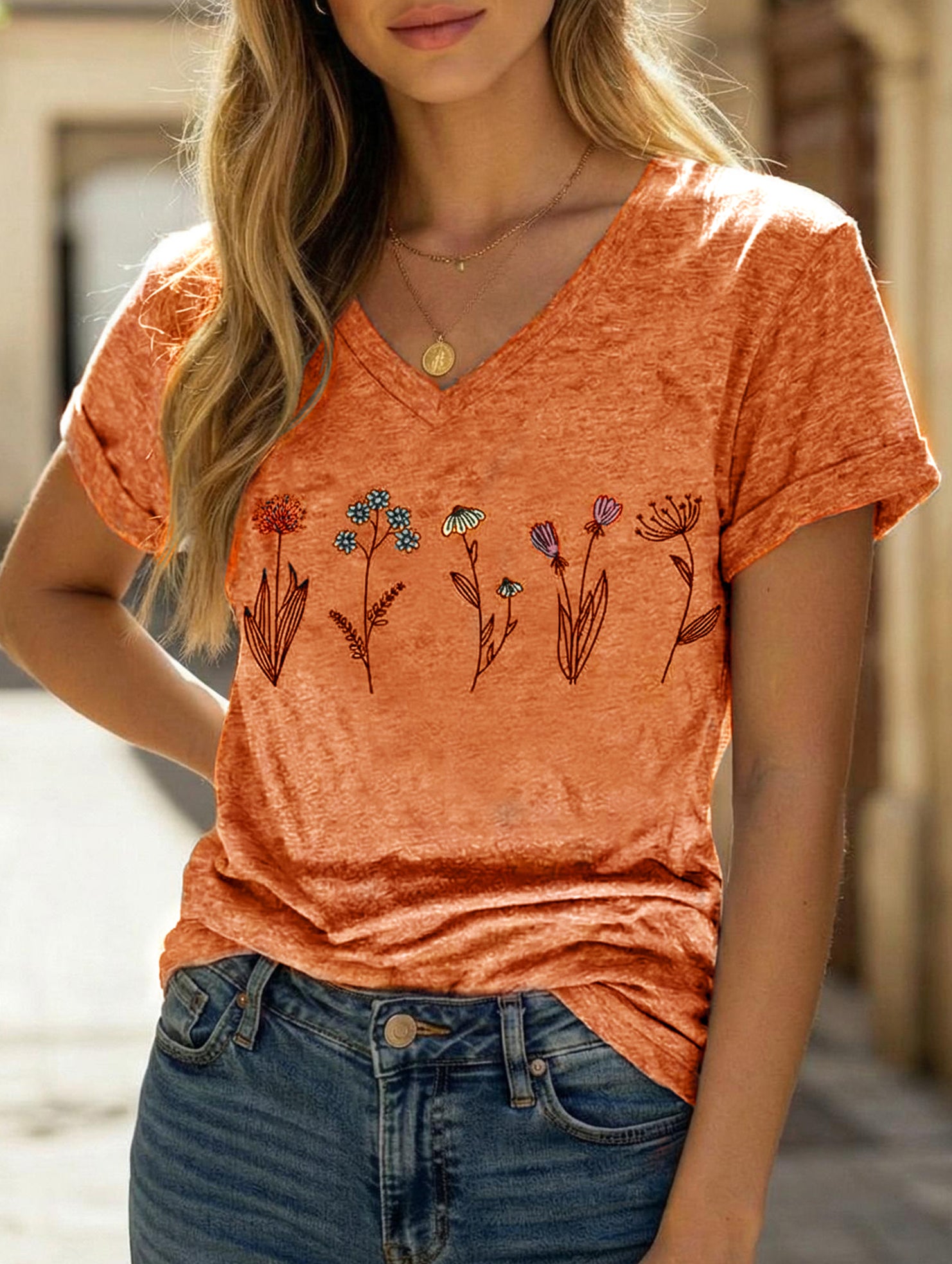 Street Style printed V-neck short sleeves T-shirt
