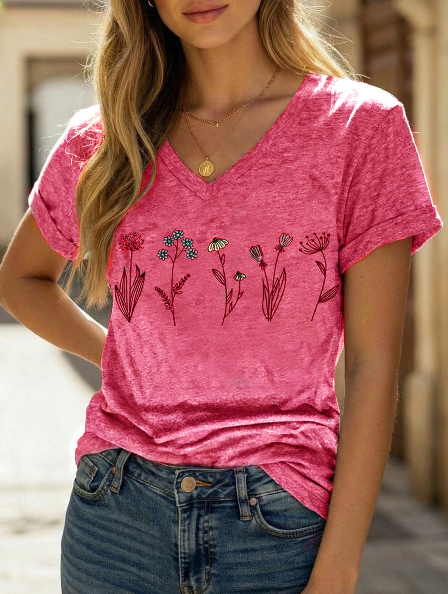 Street Style printed V-neck short sleeves T-shirt