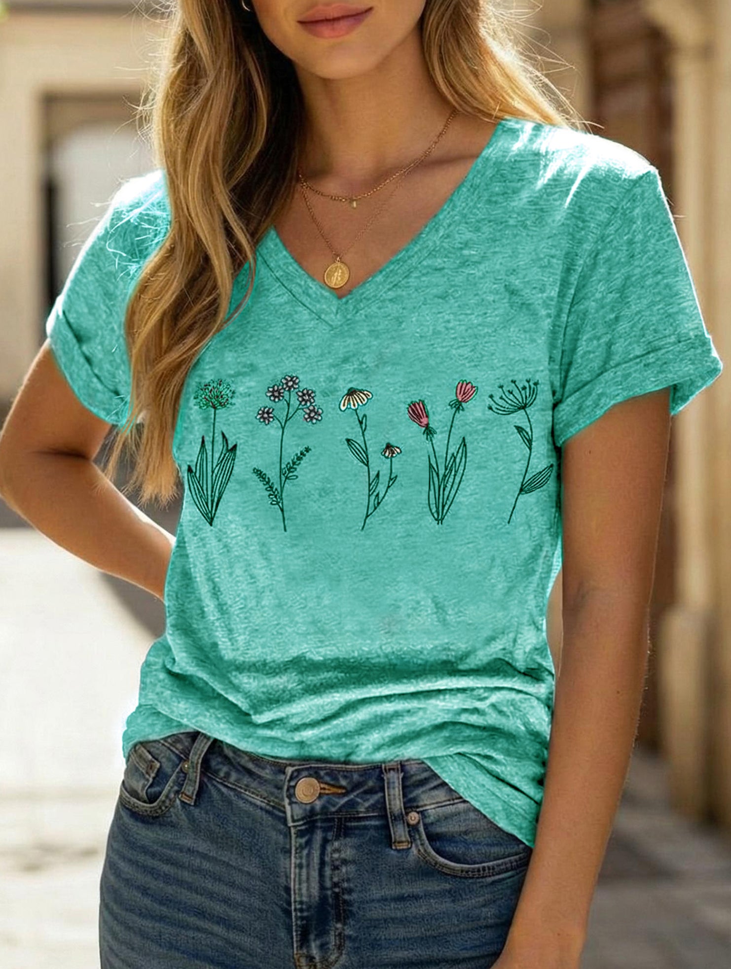 Street Style printed V-neck short sleeves T-shirt