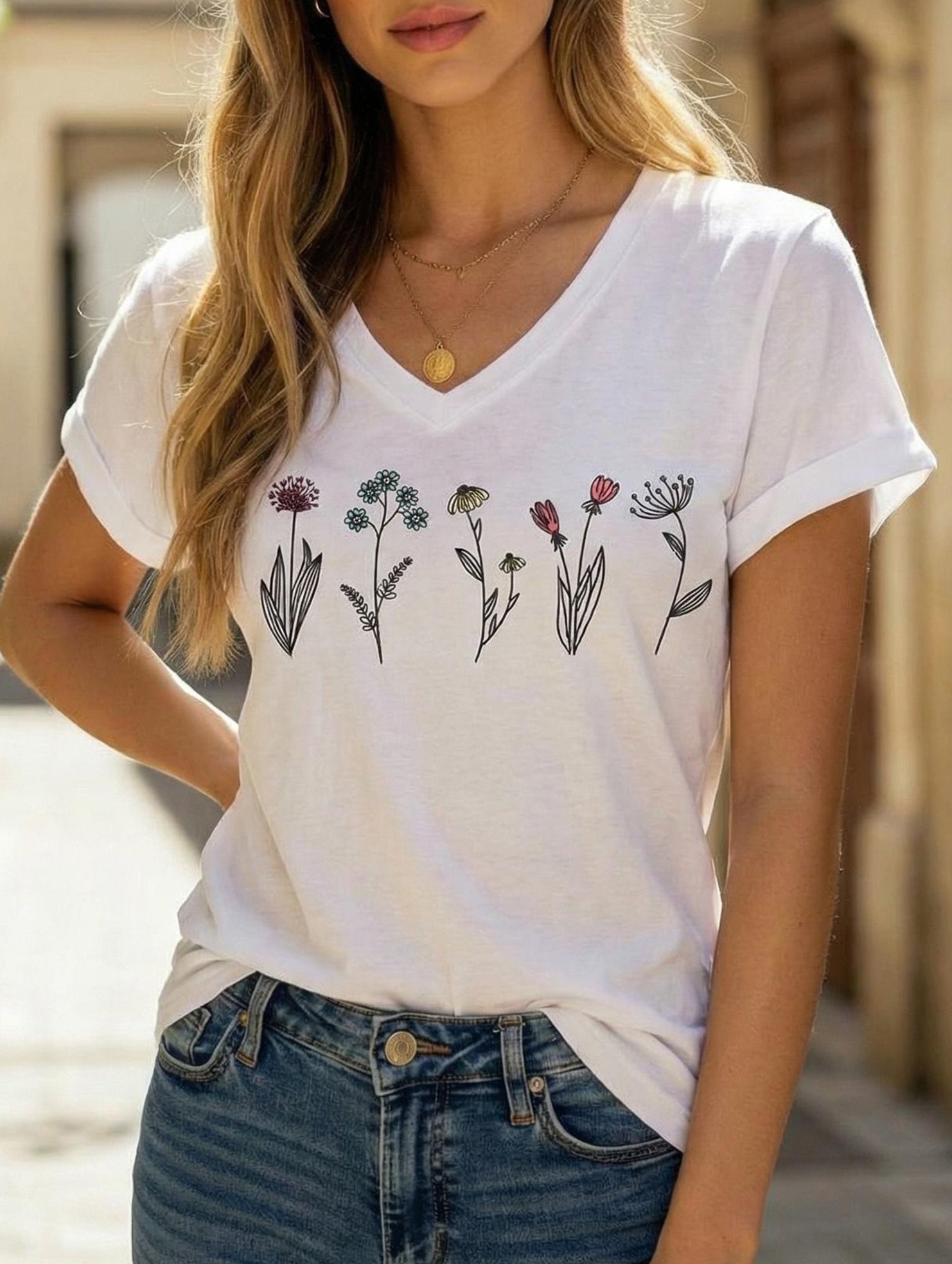 Street Style printed V-neck short sleeves T-shirt