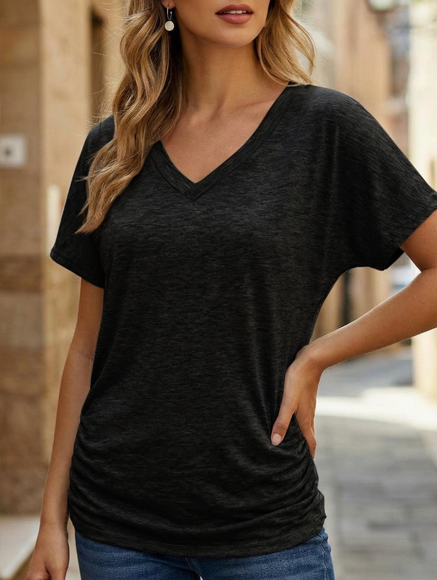 Short-Sleeve T-Shirt Solid Color Casual Loose V-Neck Top