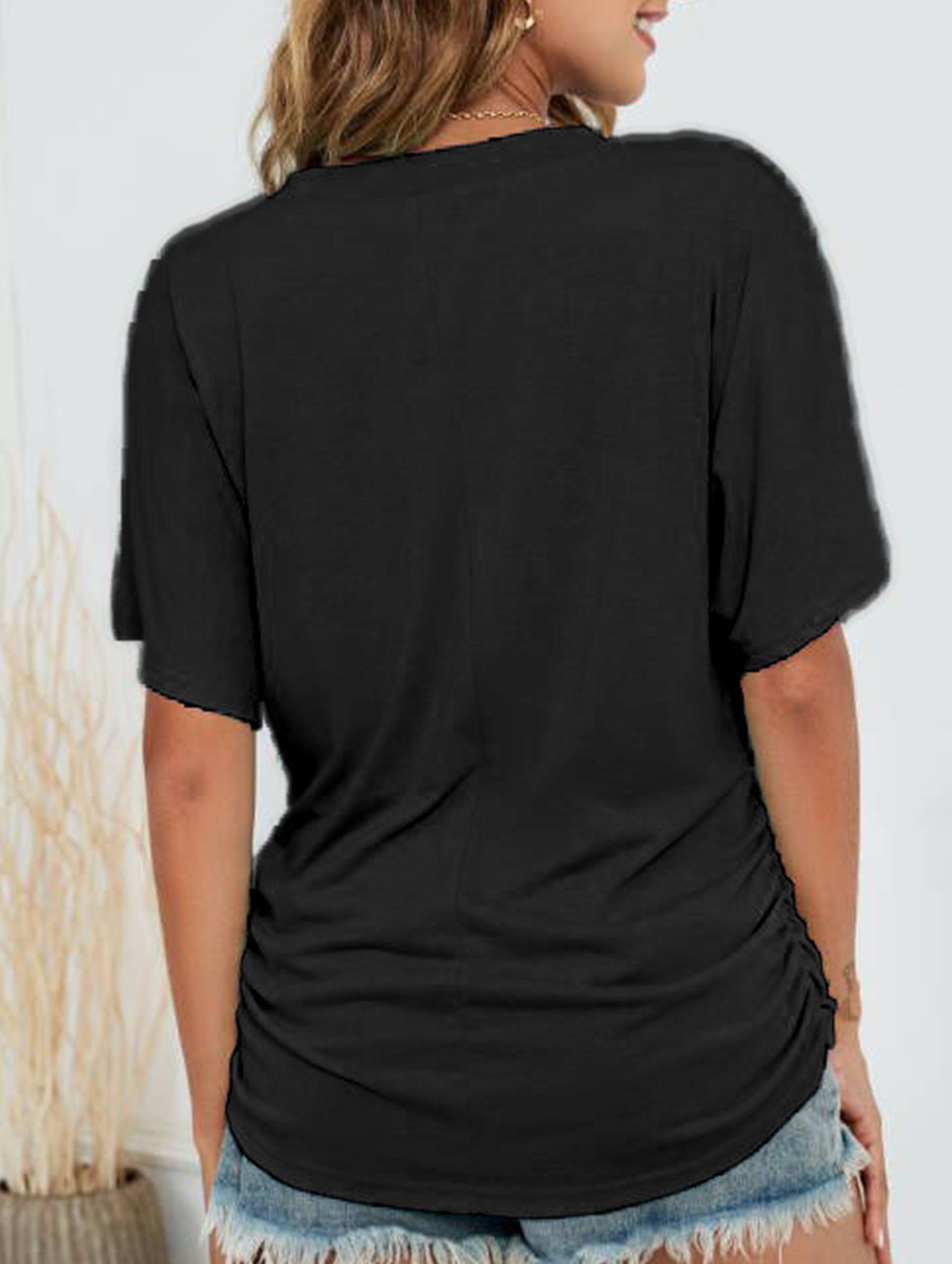 Short-Sleeve T-Shirt Solid Color Casual Loose V-Neck Top