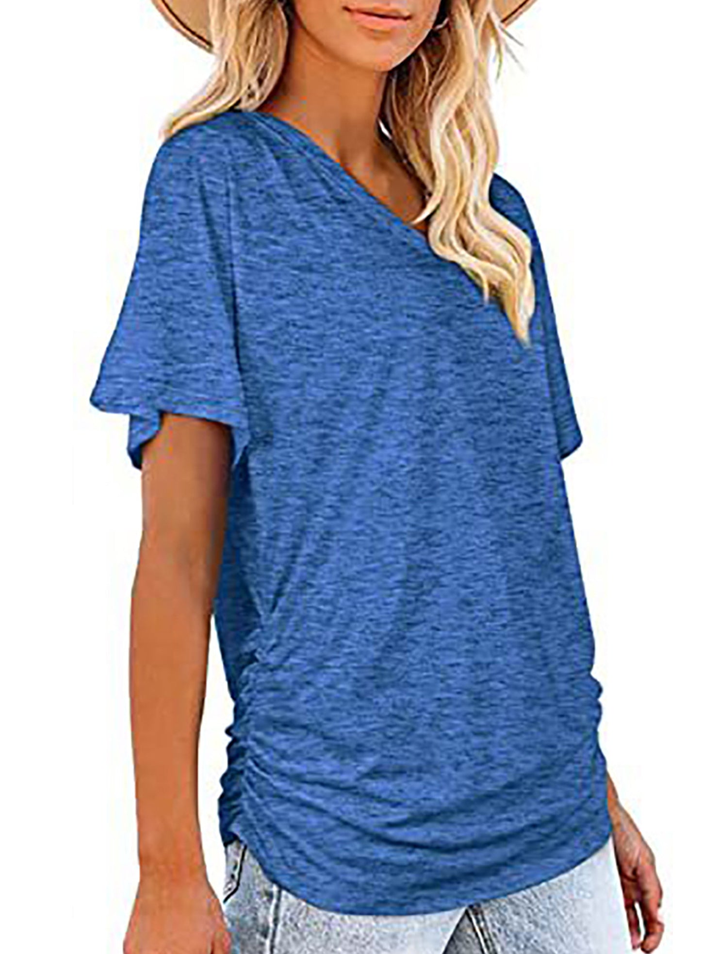 Short-Sleeve T-Shirt Solid Color Casual Loose V-Neck Top