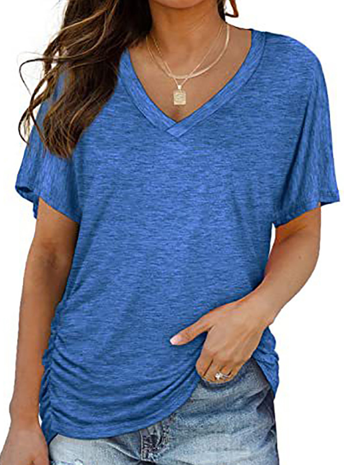 Short-Sleeve T-Shirt Solid Color Casual Loose V-Neck Top