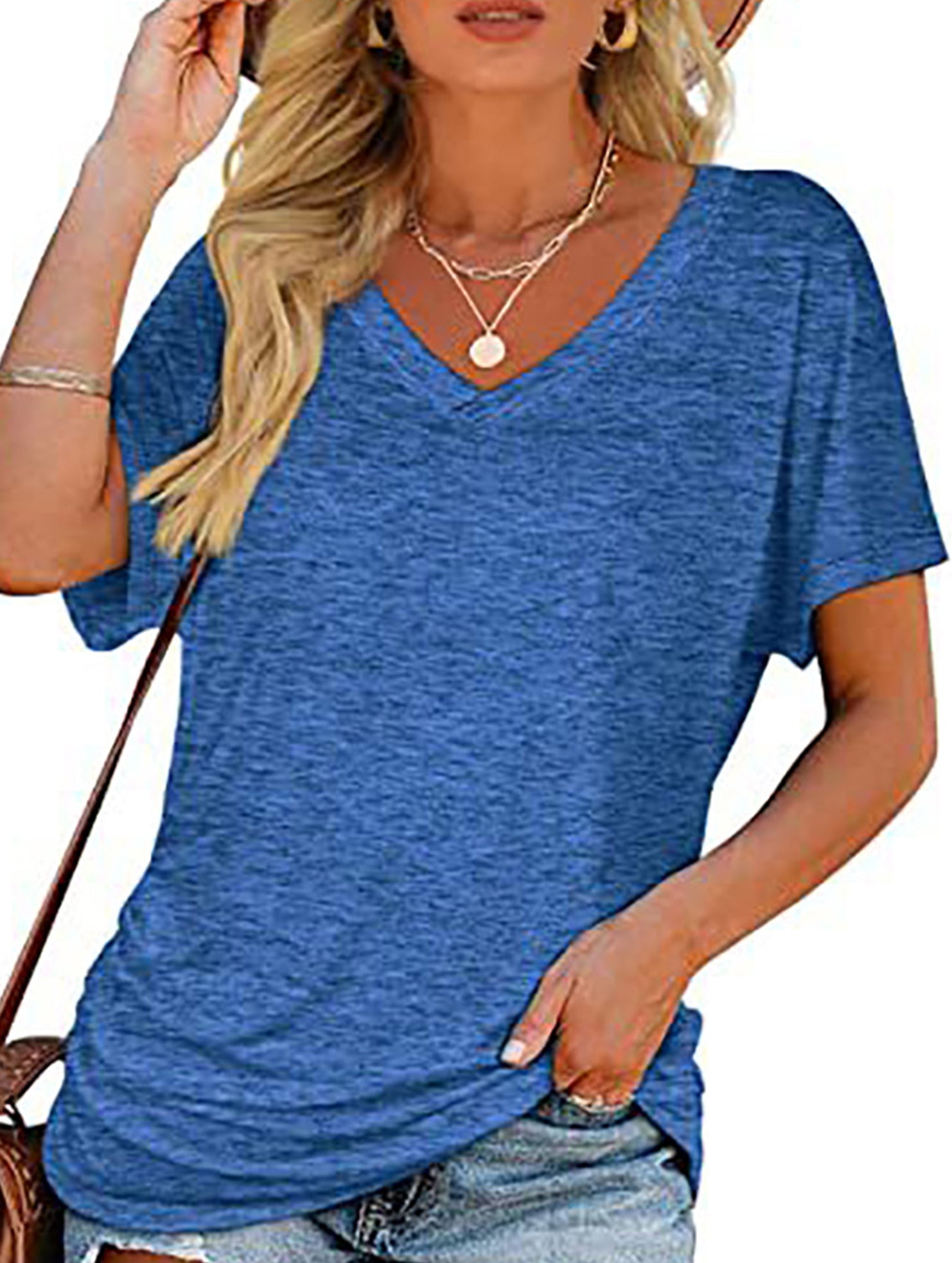 Short-Sleeve T-Shirt Solid Color Casual Loose V-Neck Top