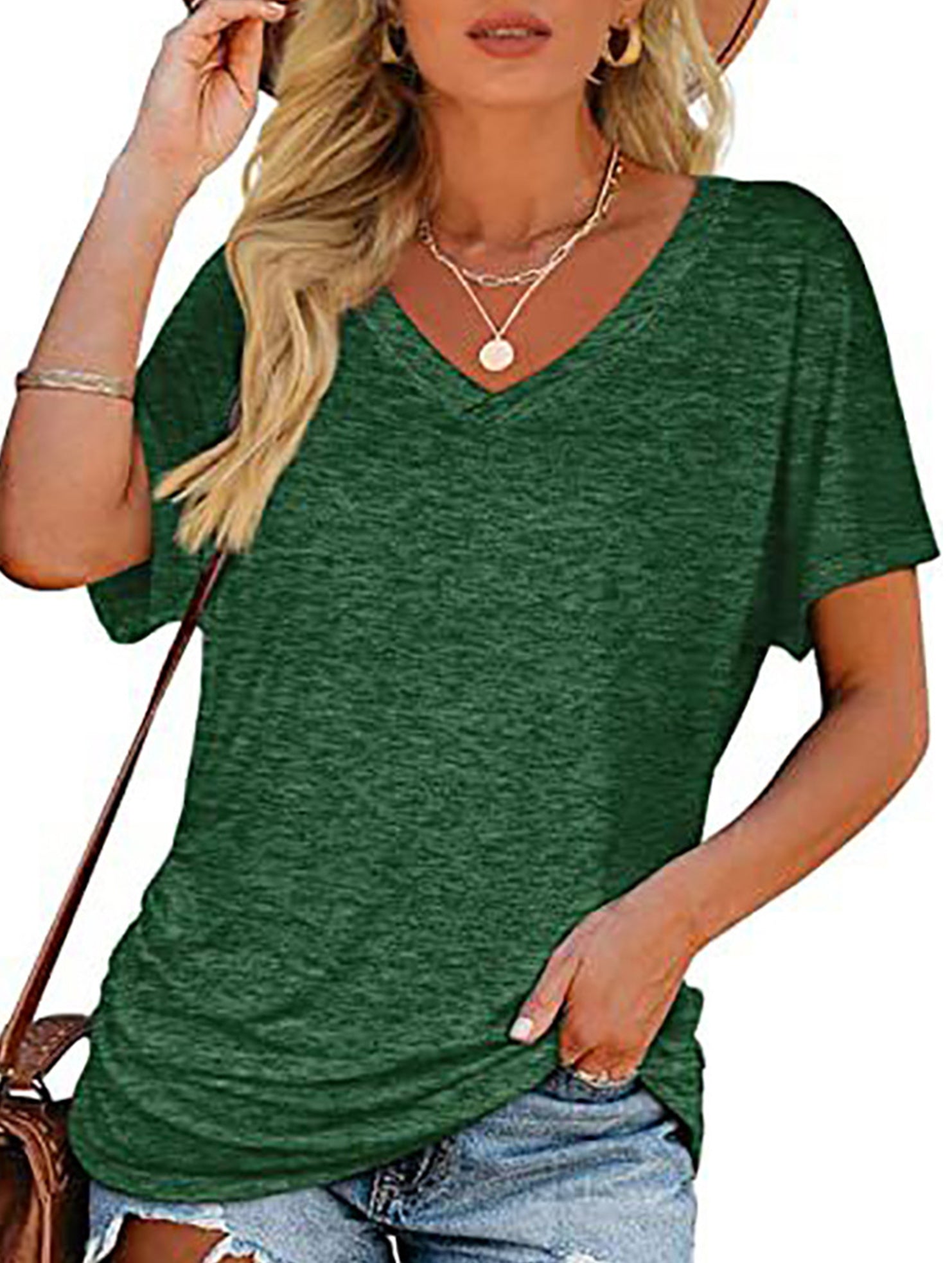 Short-Sleeve T-Shirt Solid Color Casual Loose V-Neck Top