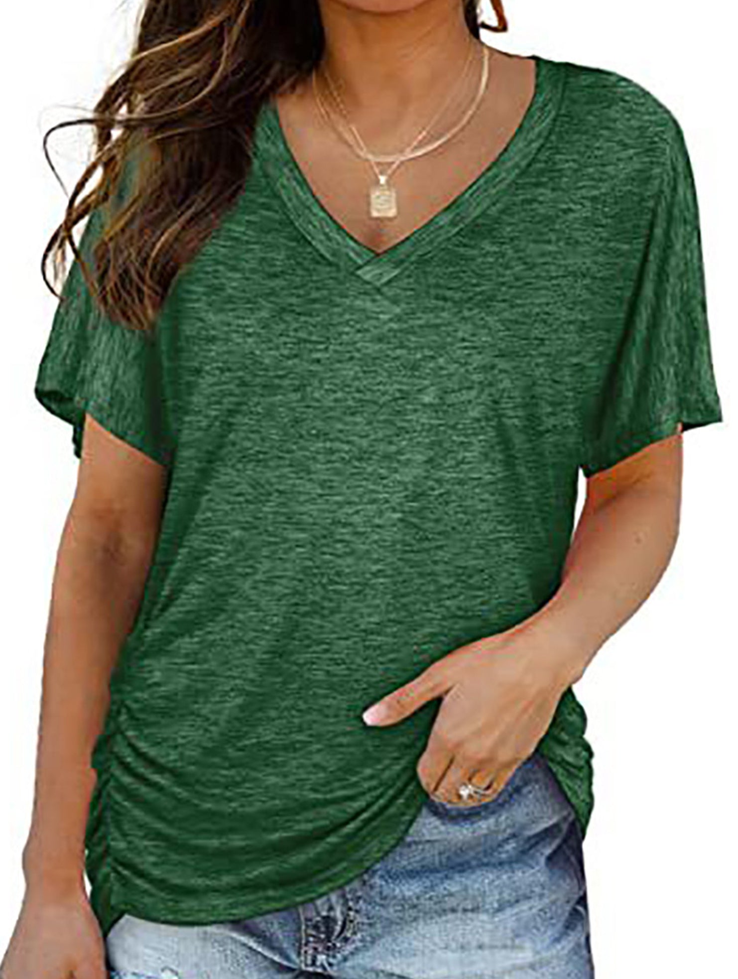 Short-Sleeve T-Shirt Solid Color Casual Loose V-Neck Top