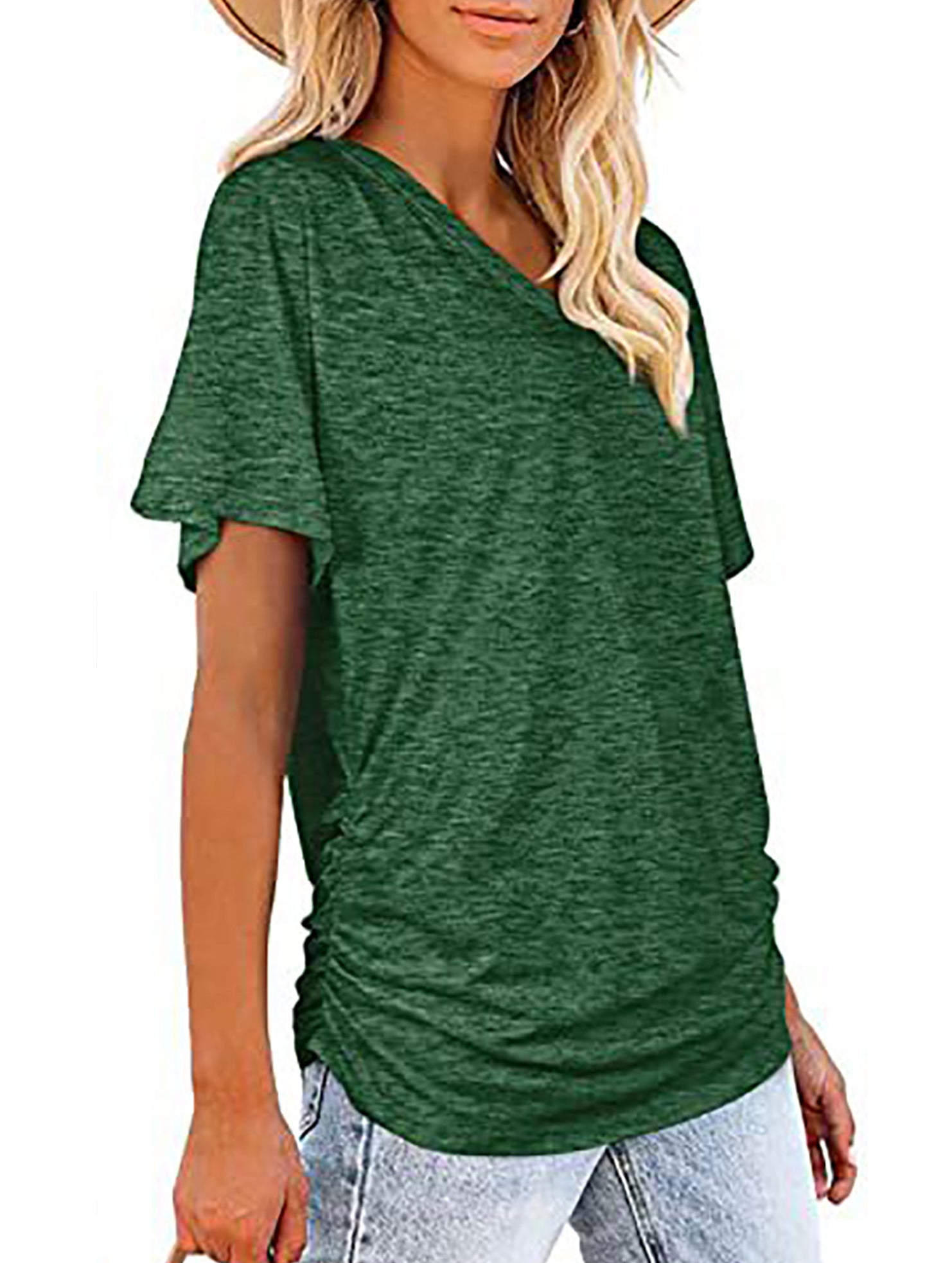 Short-Sleeve T-Shirt Solid Color Casual Loose V-Neck Top