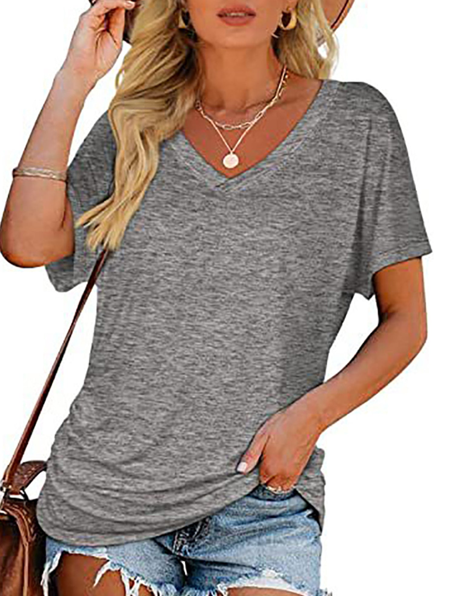 Short-Sleeve T-Shirt Solid Color Casual Loose V-Neck Top