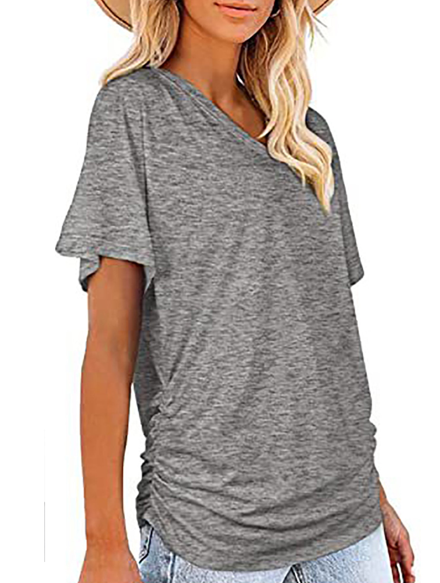 Short-Sleeve T-Shirt Solid Color Casual Loose V-Neck Top