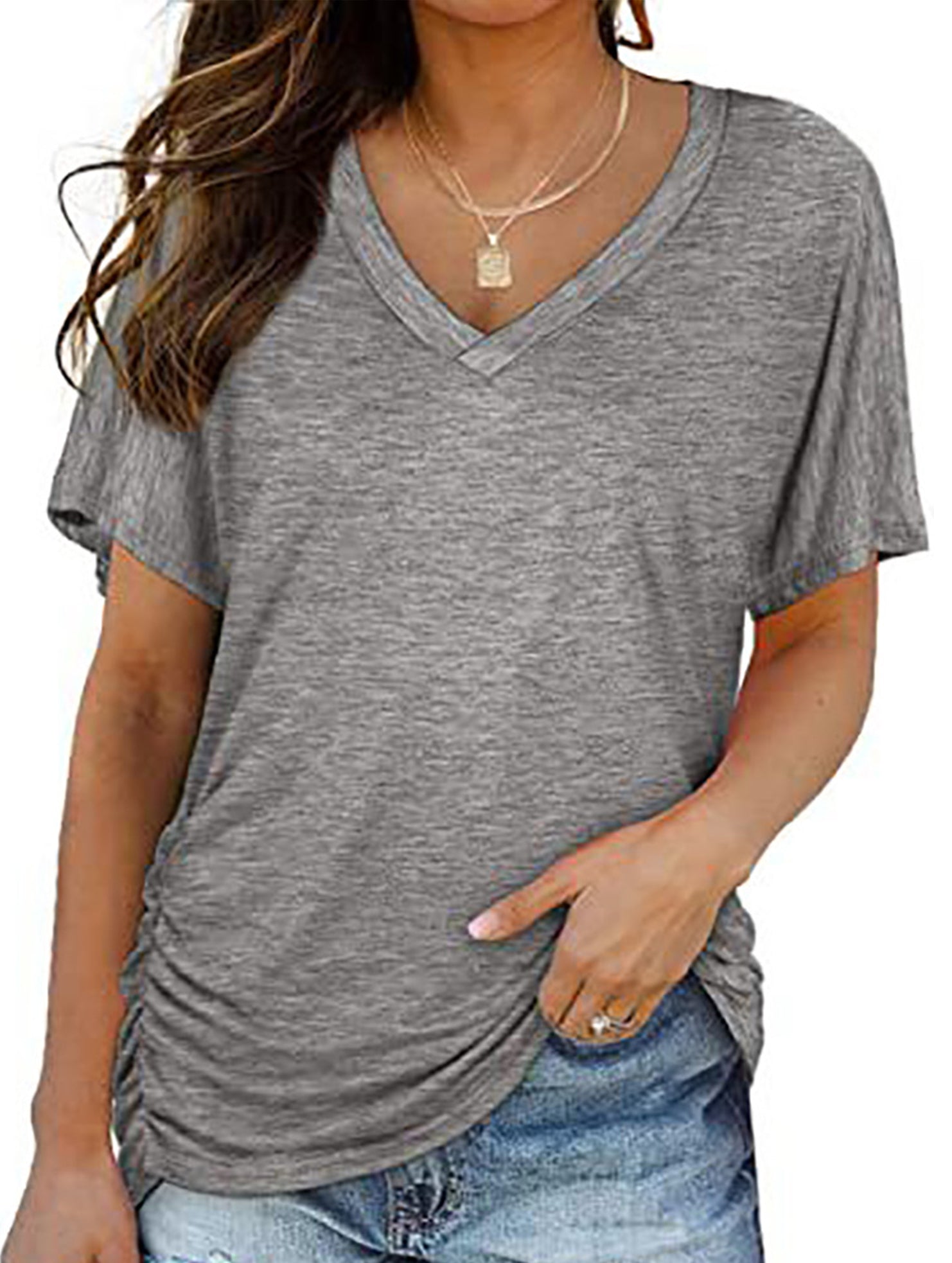 Short-Sleeve T-Shirt Solid Color Casual Loose V-Neck Top