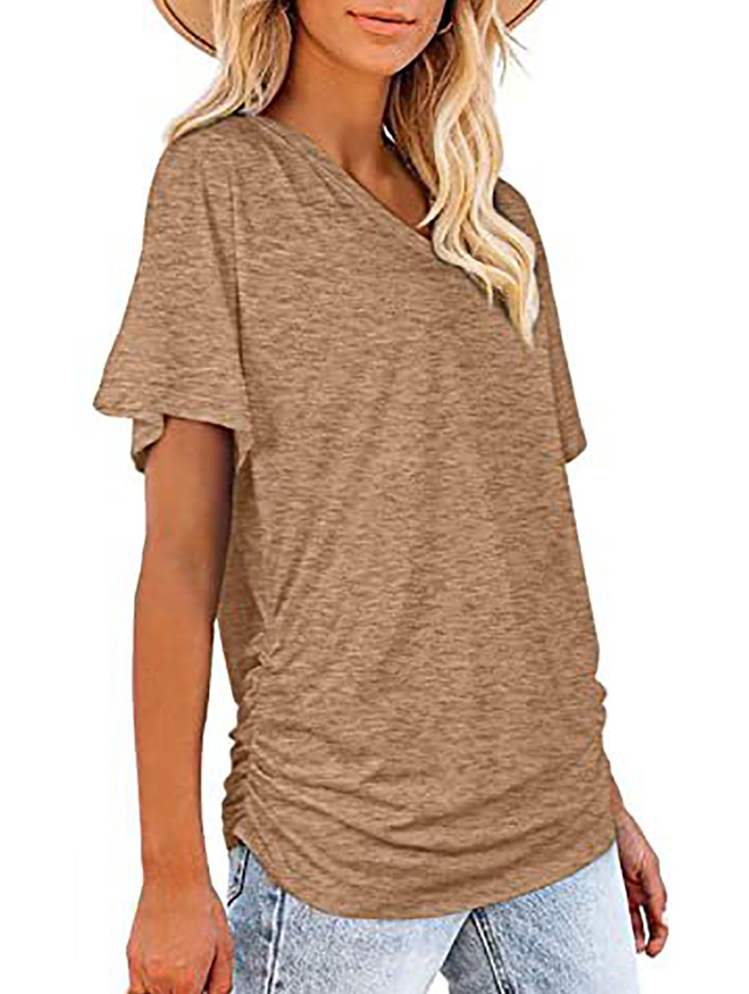 Short-Sleeve T-Shirt Solid Color Casual Loose V-Neck Top
