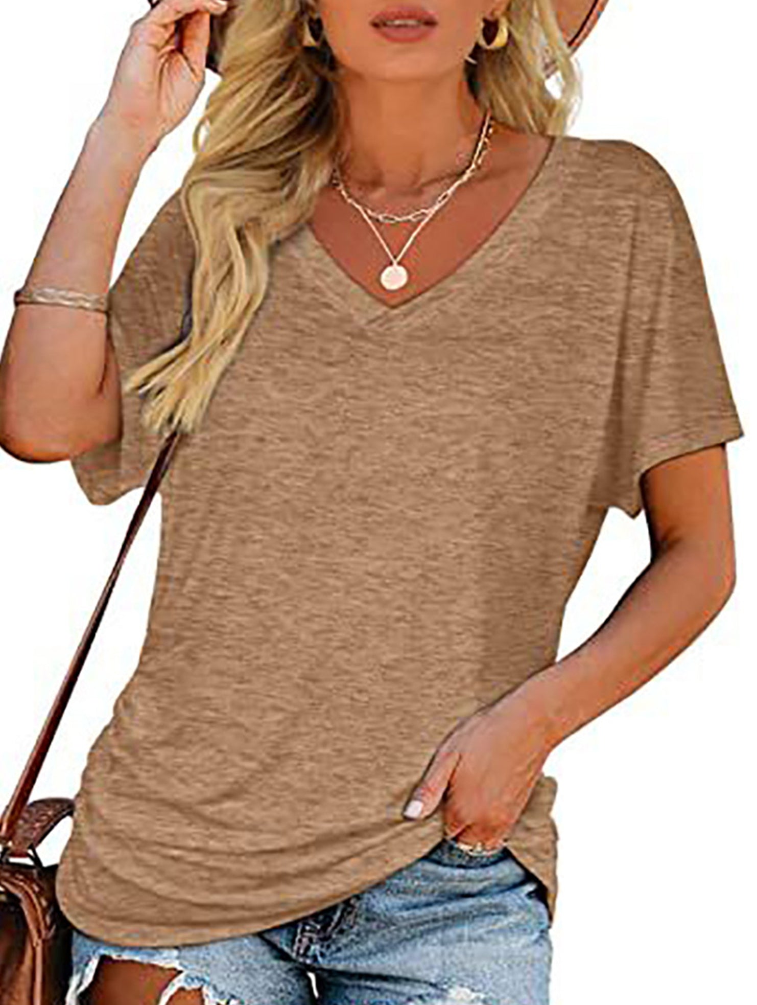 Short-Sleeve T-Shirt Solid Color Casual Loose V-Neck Top
