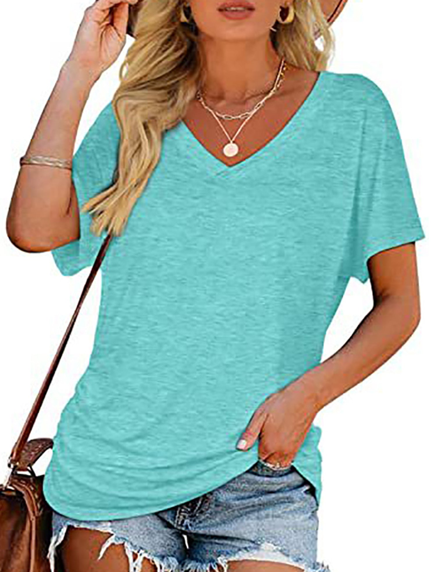 Short-Sleeve T-Shirt Solid Color Casual Loose V-Neck Top