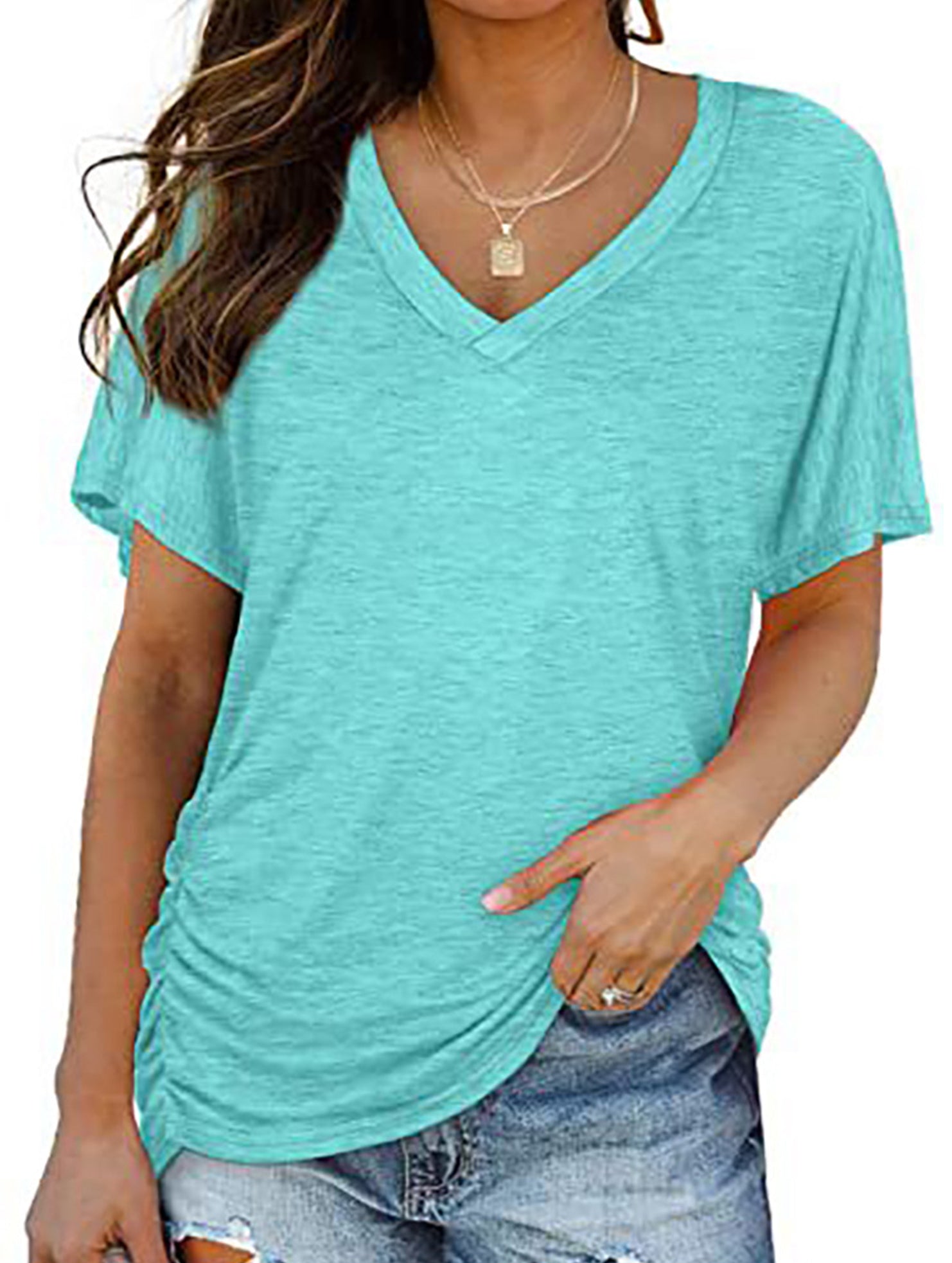 Short-Sleeve T-Shirt Solid Color Casual Loose V-Neck Top