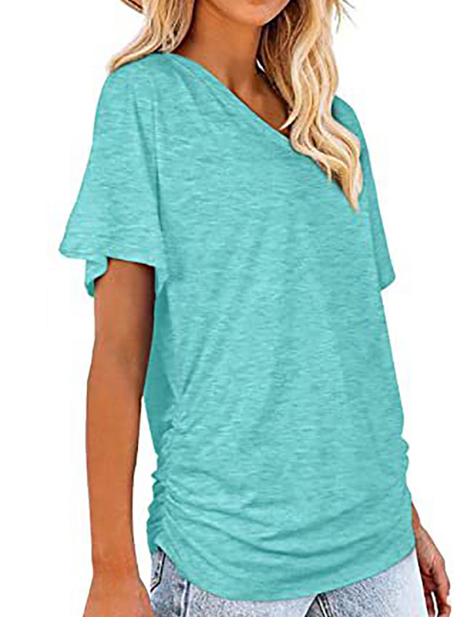 Short-Sleeve T-Shirt Solid Color Casual Loose V-Neck Top