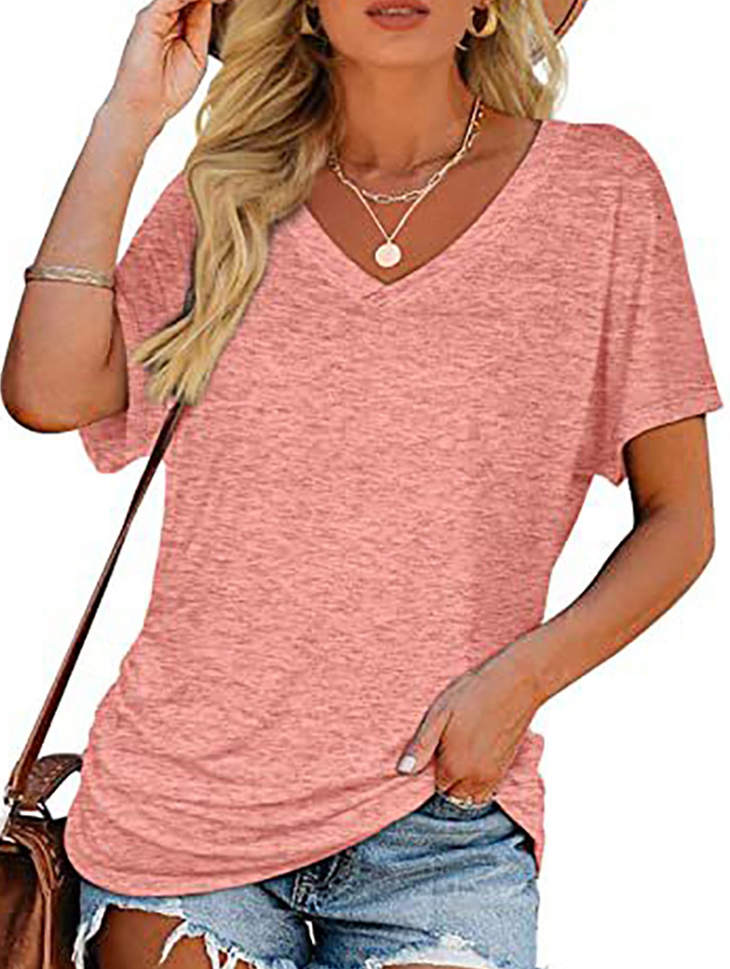 Short-Sleeve T-Shirt Solid Color Casual Loose V-Neck Top