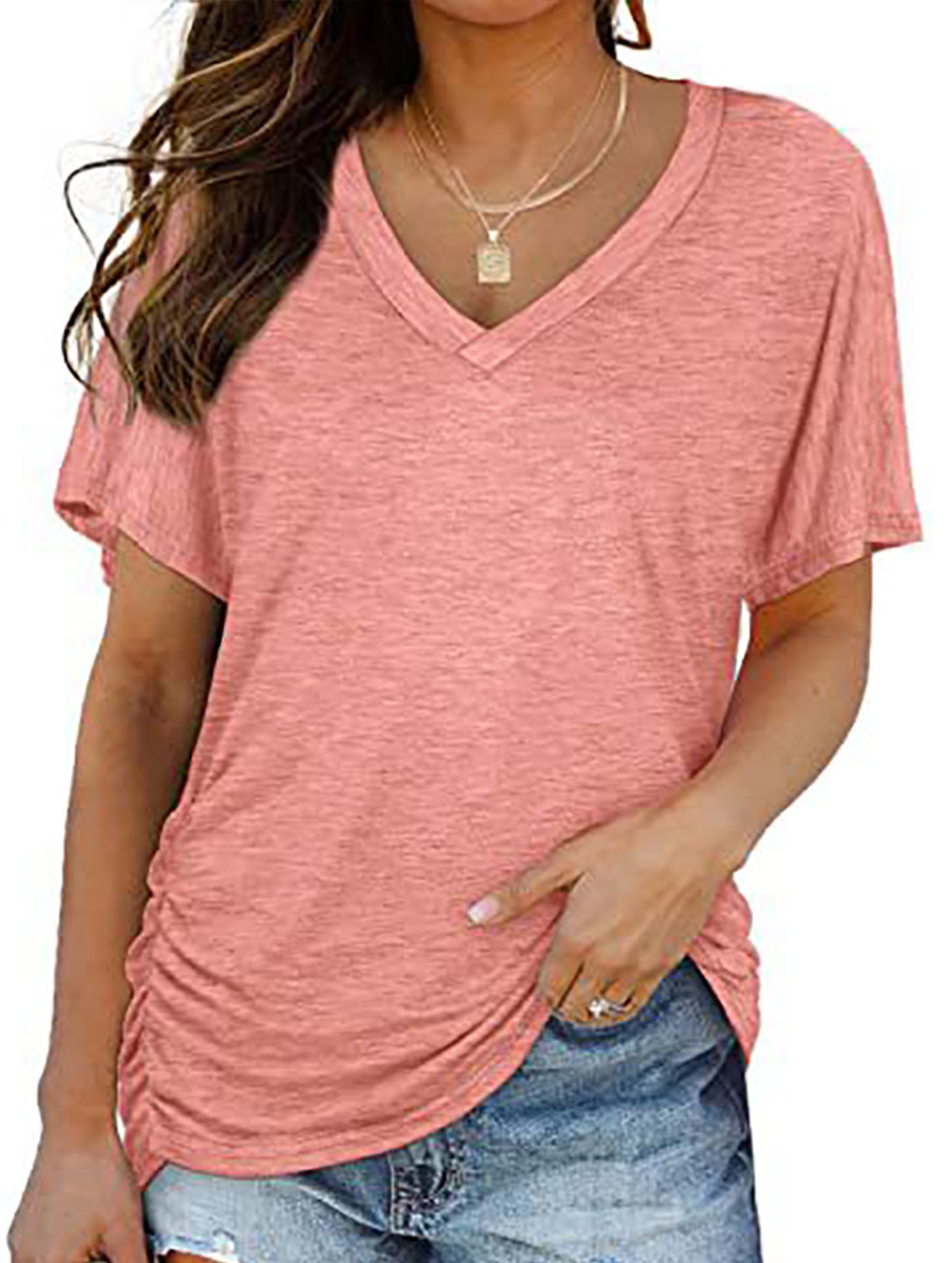 Short-Sleeve T-Shirt Solid Color Casual Loose V-Neck Top