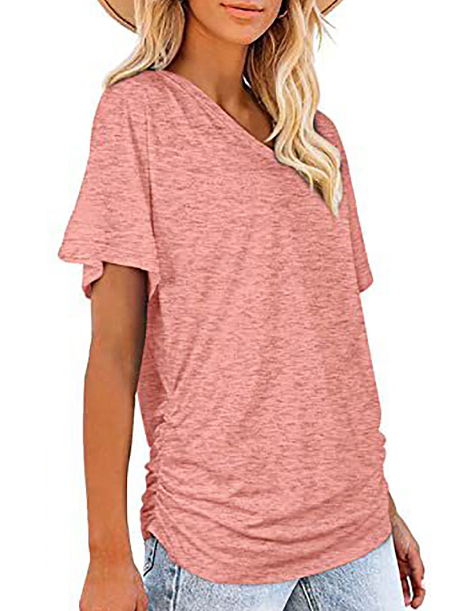 Short-Sleeve T-Shirt Solid Color Casual Loose V-Neck Top