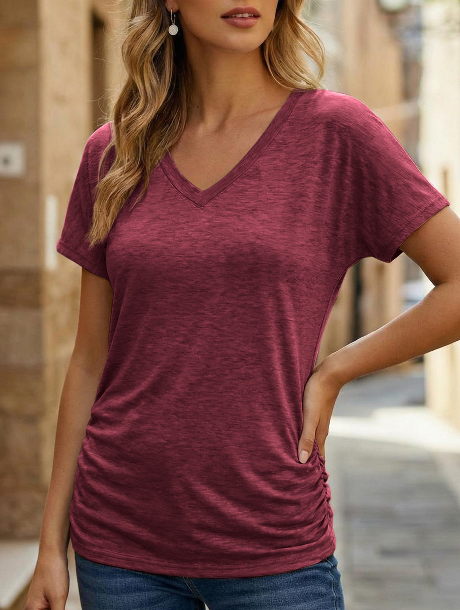 Short-Sleeve T-Shirt Solid Color Casual Loose V-Neck Top