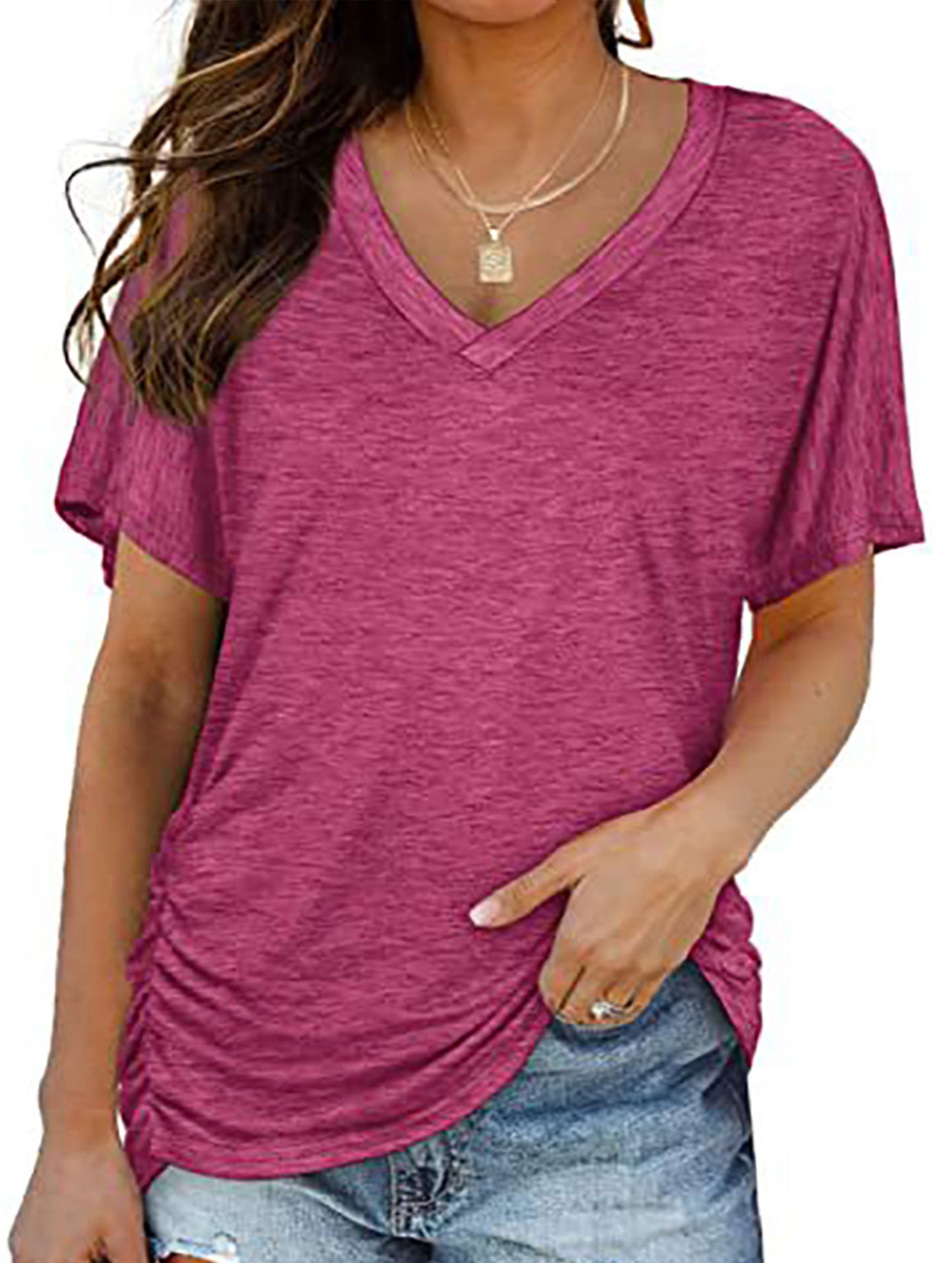Short-Sleeve T-Shirt Solid Color Casual Loose V-Neck Top