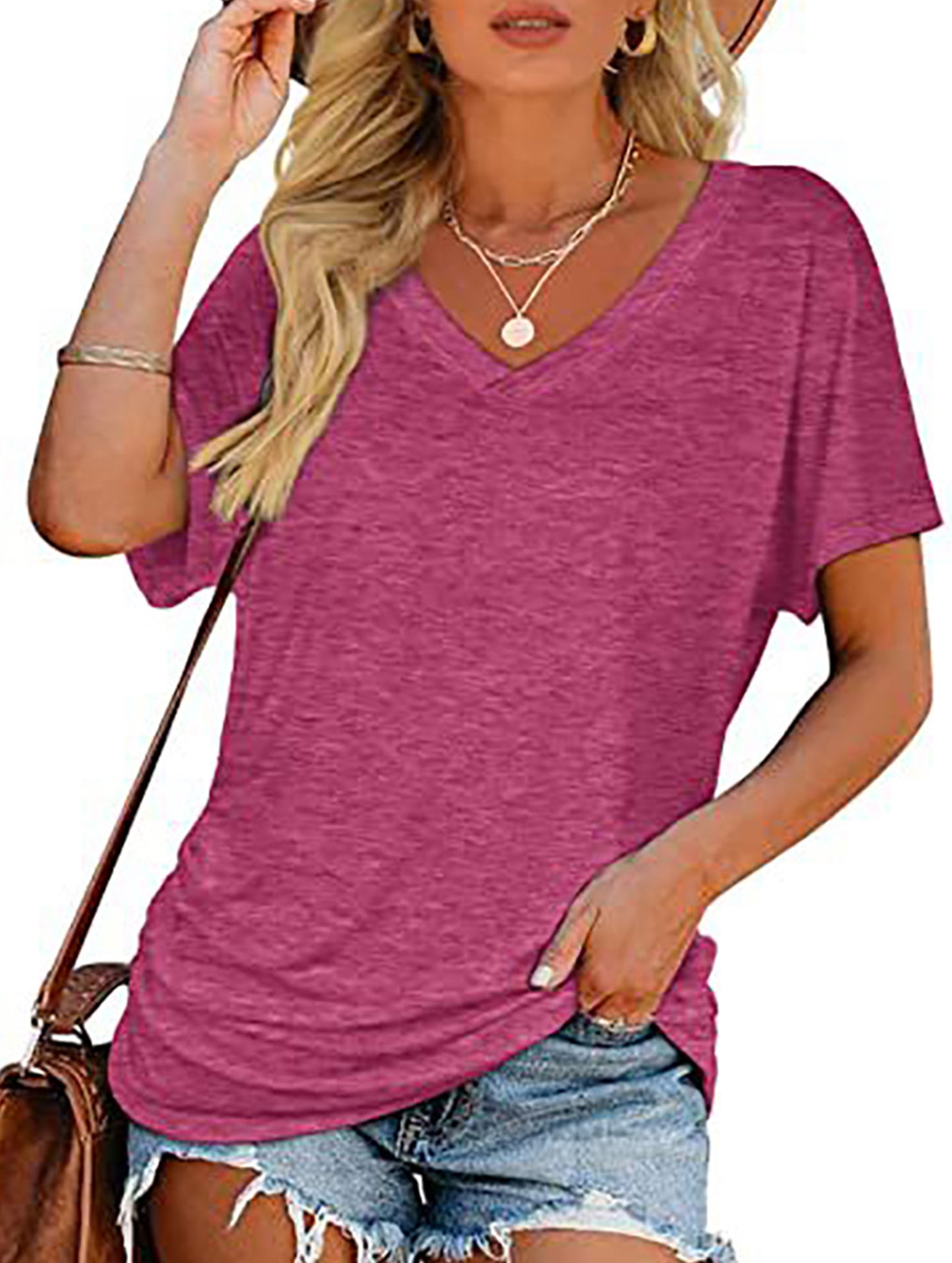 Short-Sleeve T-Shirt Solid Color Casual Loose V-Neck Top