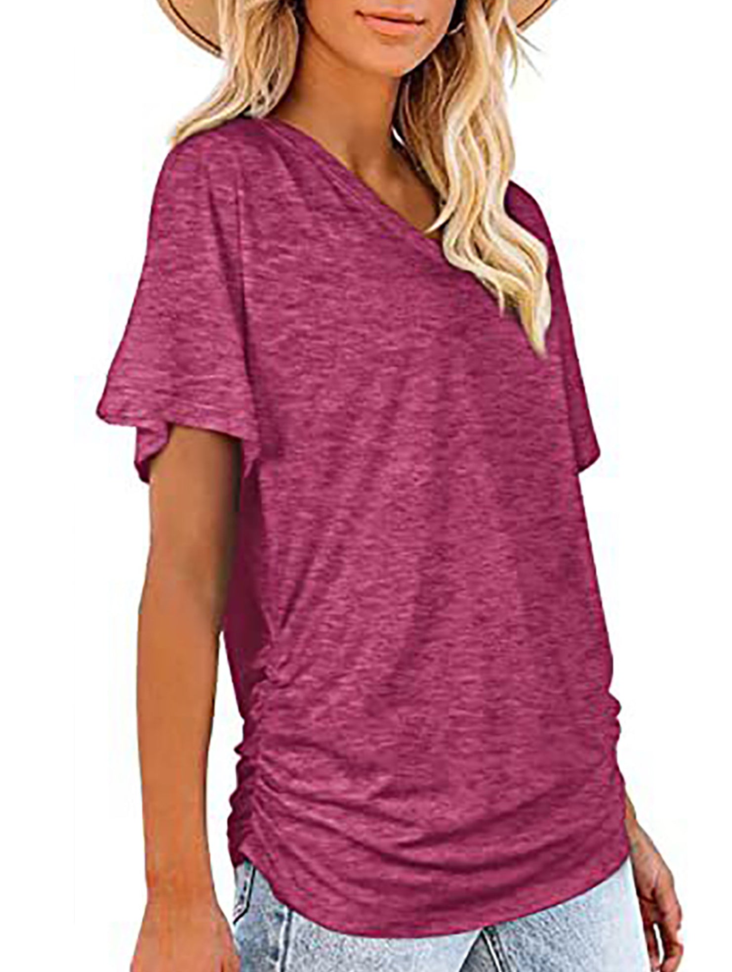 Short-Sleeve T-Shirt Solid Color Casual Loose V-Neck Top