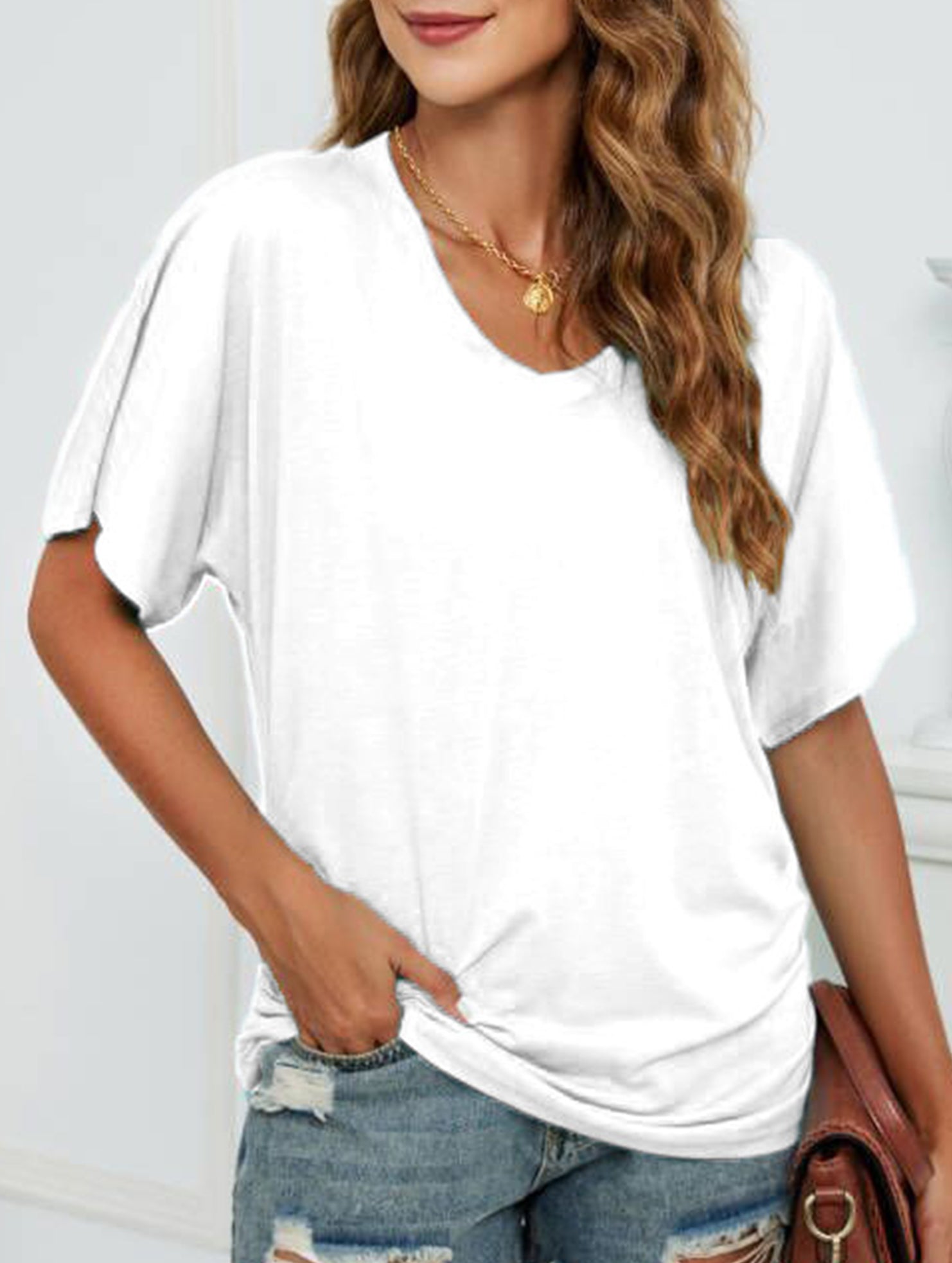 Short-Sleeve T-Shirt Solid Color Casual Loose V-Neck Top