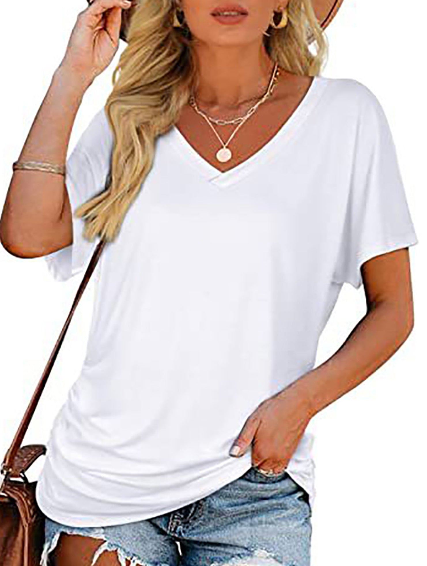Short-Sleeve T-Shirt Solid Color Casual Loose V-Neck Top