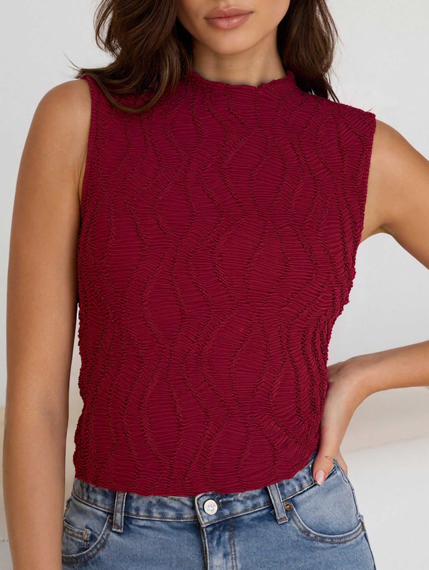 Mock Neck Textured Sleeveless Top