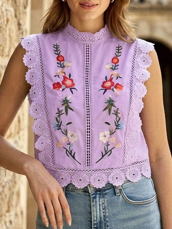 Lace Embroidery Sleeveless Blouse