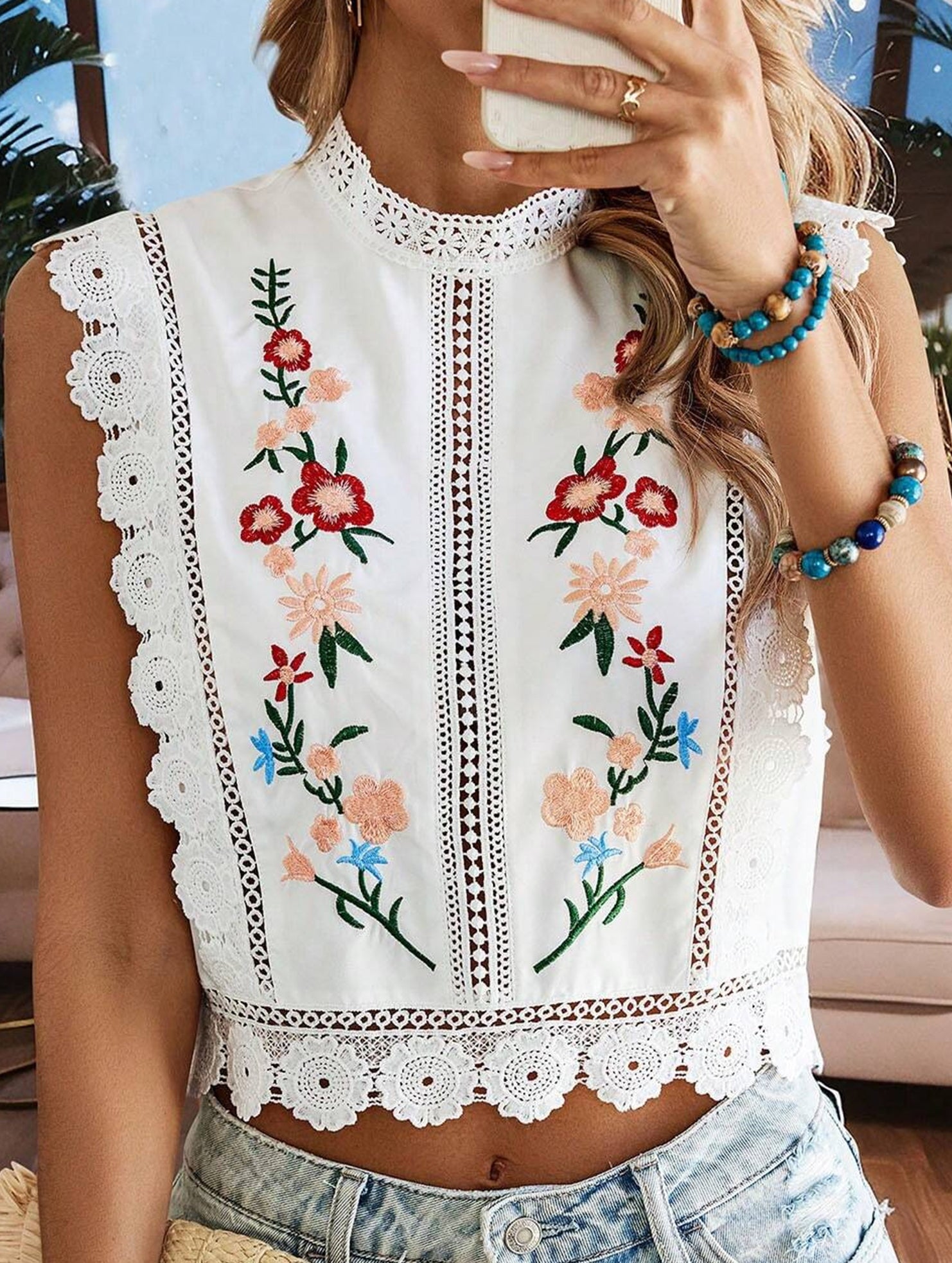 Lace Embroidery Sleeveless Blouse