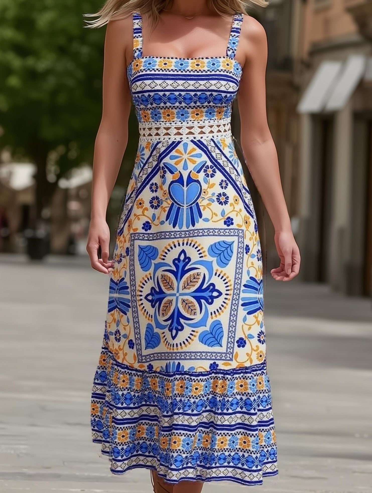 Cercal Bohemian Tropical Print Strappy Sundress ??Summer Vacation Maxi Dress