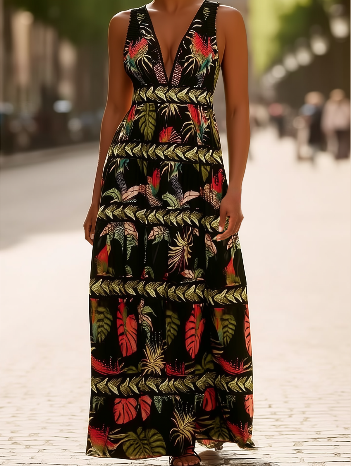 Rota Boho Tropical Print Plunge V-Neck Maxi Dress ??Sleeveless Vacation Style